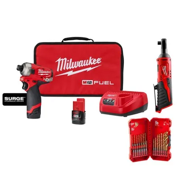 Milwaukee 2551-22-2457-20-48-89-4631, bundle: M12 FUEL SURGE 12V 1/4 in. Hex Impact Driver Kit w/ (2) 2. 0Ah Batteries, Bag with M12 3/8 in. Ratchet with 23-Pc Set