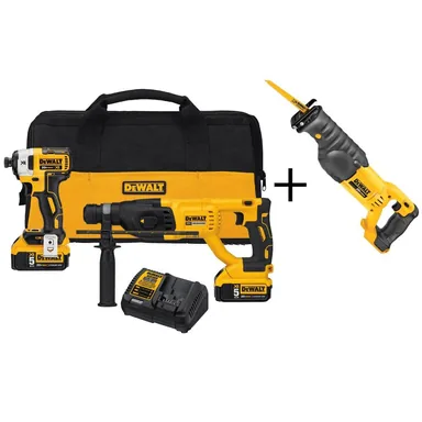 DeWalt DCK233P2wrs, bundle: 20V MAX XR Cordless Impact Driver/Rotary Hammer 2 Tool Combo Kit, 20V Reciprocating Saw, and (2) 20V 5.0Ah Batteries