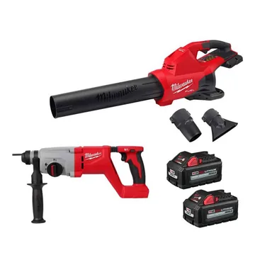 Milwaukee 2824-20-2613-20-48-11-1862, bundle: M18 FUEL Dual Battery 145 MPH 600 CFM 18V Cordless Blower w/1 in. SDS-Plus D-Handle Rotary Hammer, (2) 6.0 Ah Batteries