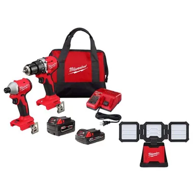 Milwaukee 3693-22CX-2368-20, bundle: M18 18-Volt Lith-Ion Brushless Cordless Compact Hammer Drill/Impact Combo Kit w/(2) Batteries & M18 ROVER Flood Light