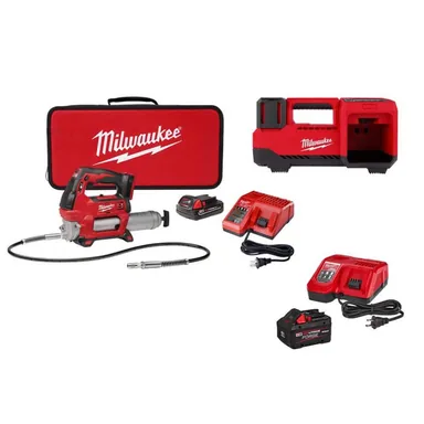 Milwaukee 2646-21CT-2848-20-48-59-1881, bundle: M18 18V Lithium-Ion Cordless Grease Gun 2-Speed with (1) 1. 5Ah Batteries, M18 Inflator, & 8.0 Ah Starter Kit