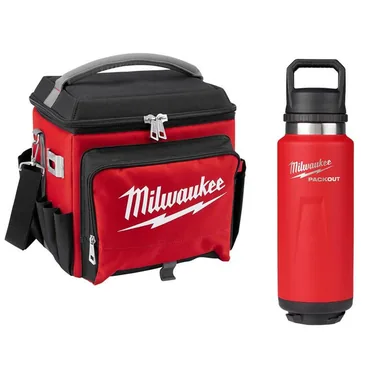 Milwaukee 48-22-8250-48-22-8397R, bundle: 21 Qt. Soft Sided Jobsite Lunch Cooler with PACKOUT Red 36 oz. Insulated Bottle with Chug Lid