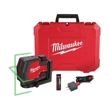 Milwaukee 3521-21, kit: 100 ft. REDLITHIUM Lithium-Ion USB Green Rechargeable Cross Line Laser Level with Charger