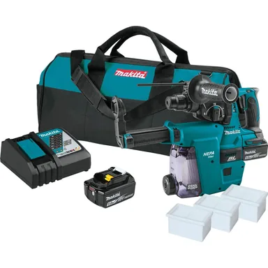 Makita XRH011TWX, kit: Makita XRH011TWX 18V LXT Lithium-Ion Brushless Cordless 1" SDS-PLUS Rotary Hammer Kit, w/ HEPA Dust Extractor Attachment (5.0Ah)