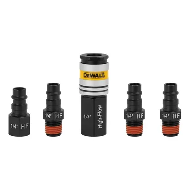 DeWalt DXCM036-0204, accessory: 1/4 in. NPT High Flow Coupler and Plugs, Includes: 3-Male Plugs, 1-Female Plug, and 1-Female Coupler
