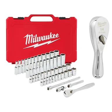 Milwaukee 48-22-9004-48-22-9036, bundle: 1/4 in. Drive SAE/Metric Ratchet and Socket Mechanics Tool Set with 1/4 in. Drive 3 in. Stubby Ratchet (51-Piece)