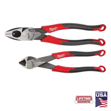 Milwaukee MT550-2, unpowered: 2 PC. Comfort Grip Linesman Pliers Cutting Pliers Set (USA) (photograph from the Home Depot listing)