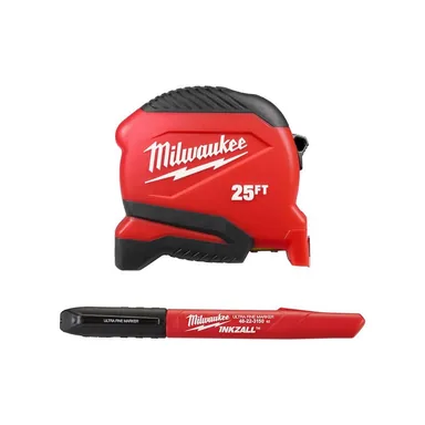 Milwaukee 48-22-1725-48-22-3150, bundle: 25FT Compact Tape Measure and 12PK INKZALL Black Ultra Fine Point Markers