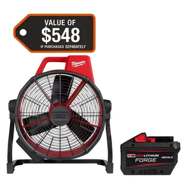 Milwaukee 0821-20-48-11-1813, bundle: M18 Brushless Cordless Hybrid 18 in. Variable Speed Fan with (1) FORGE 12.0Ah Battery