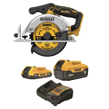 DeWalt DCS565BWB225-2C, bundle: 20V MAX Lithium-Ion Cordless Brushless 6-1/2 in. Sidewinder Style Circular Saw with 20V 5 Ah & 2 Ah Batteries & Charger
