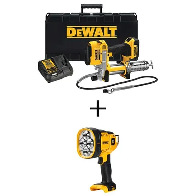 DeWalt DCGG571M1WCL043, bundle: 20V MAX Cordless 10,000 PSI Variable Speed Grease Gun and LED Jobsite Spotlight with (1) 20V 4.0Ah Battery, and Charger
