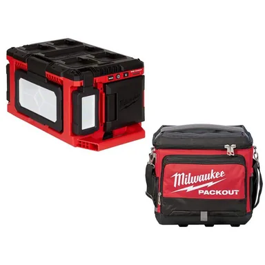 Milwaukee 2357-20-48-22-8302, bundle: M18 18-Volt Lithium-Ion Cordless PACKOUT 3000 Lumens LED Light with Built-In Charger w/15.75 in. PACKOUT Cooler Bag