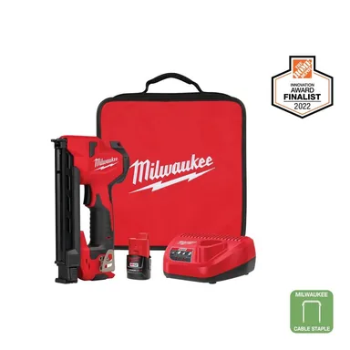 Milwaukee 2448-21, kit: M12 12-Volt Lithium-Ion Cordless Cable Stapler Nailer Kit with 2.0Ah Battery, Charger and Bag