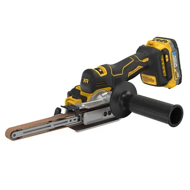 DeWalt DCM200E1, kit: 20-Volt MAX XR Lithium-Ion 18 in. Cordless Bandfile Kit with 1.7 Ah Battery, Charger and (2) 80 Grit Belts (photograph from the Home Depot listing)