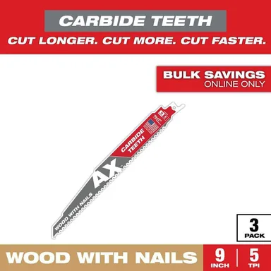 Milwaukee 48-00-5326, accessory: 9 in. 5 TPI AX Carbide Teeth Demolition Nail-Embedded Wood Cutting SAWZALL Reciprocating Saw Blades (3-Pack)