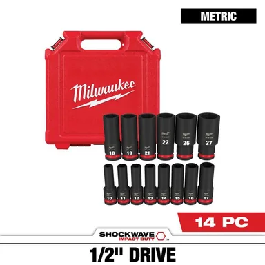 Milwaukee 49-66-7014, accessory: SHOCKWAVE 1/2 in. Drive Metric Deep Well 6 Point Impact Socket Set (14-Piece)
