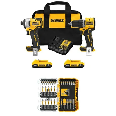 DeWalt DCK225D1W30SET, bundle: ATOMIC 20V MAX Lithium-Ion Cordless Combo Kit (2-Tool) & 1/4 in. Bit Set (30-Piece) w/ (2) 2Ah Batteries, Charger & Bag