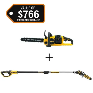 DeWalt DCCS670T1WS620B, bundle: FLEXVOLT 60V MAX 16 in. Brushless Cordless Chainsaw Kit with (1) 2.0 Ah Battery and Charger w/20V 8 in. Pole Saw