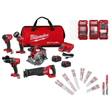 Milwaukee 3697-25-48-32-5150-49-22-1216Y, bundle: M18 FUEL 18V Li-Ion Cordless Combo Kit (5 Tool) w/ 2 5.0 Ah Batteries, 1 Charger 1 Bag w/ Bit Set & Recip Bld Set