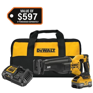 DeWalt DCS384WW1, kit: 20V XR Lithium-Ion Cordless Reciprocating Saw Kit with 8.0 Ah Battery and Charger (photograph from the Home Depot listing)