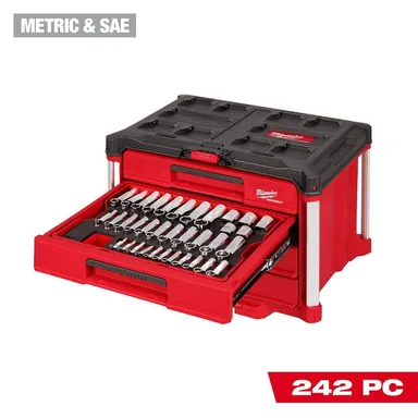Milwaukee 48-22-9491, unpowered: 1/4 in. and 3/8 in. and 1/2 in. Drive Metric & SAE Ratchet & Socket Set with PACKOUT 4-Drawer Tool Box (242-Piece) (photograph from the Home Depot listing)