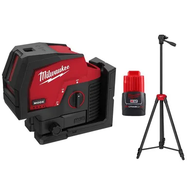 Milwaukee 3622-20-48-11-2420-48-35-1411, bundle: M12 12-Volt Lithium-Ion Cordless Green 125 ft. Cross Line & Plumb Points Laser Level with Tripod & M12 2.0 Ah Battery