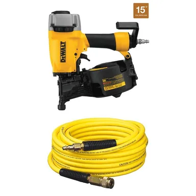 DeWalt DW66C-1W1450D, bundle: Pneumatic 15° Coil Corded 2-1/2 in. Siding Nailer and 50 ft. x 1/4 in. Air Hose