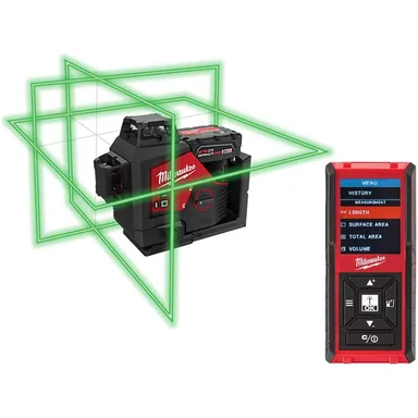 Milwaukee 3632-21-48-22-9802, bundle: M12 12-Volt Lithium-Ion Cordless Green 250 ft. 3-Plane Laser Level Kit with Laser Distance Meter