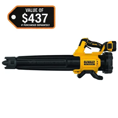 DeWalt DCBL722P1, kit: 20V MAX 125 MPH 450 CFM Brushless Cordless Battery Powered Blower Kit with (1) 5 Ah Battery & Charger (photograph from the Home Depot listing)