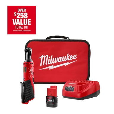 Milwaukee 2457-21, kit: M12 12V Lithium-Ion Cordless 3/8 in. Ratchet Kit with One 1.5 Ah Battery, Charger and Tool Bag