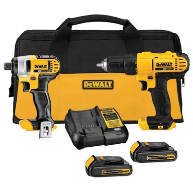 DeWalt DCK240C2, bundle: 20V MAX Cordless Drill/Impact 2 Tool Combo Kit with (2) 20V 1.3Ah Batteries, Charger, and Bag (photograph from the Home Depot listing)