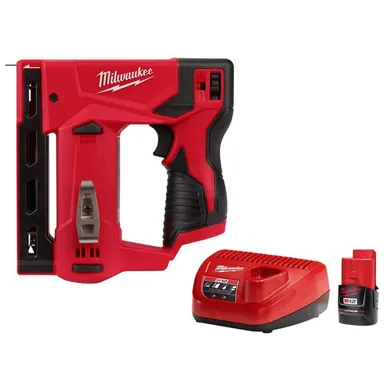 Milwaukee 2447-20-48-59-2420, bundle: M12 12-Volt Lithium-Ion Cordless 3/8 in. Crown Stapler with Compact Battery Pack 2.0Ah and Charger Starter Kit