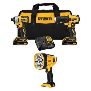 DeWalt DCK277D2WDCL043, bundle: 20V MAX Lithium-Ion Cordless 2-Tool Combo Kit and 20V MAX LED Jobsite Spotlight w/ (2) 2 Ah Batteries, Charger & Kitbag