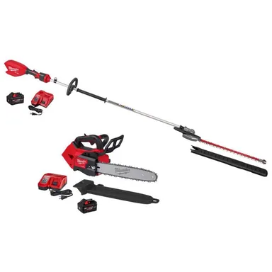 Milwaukee 3035-21-2826-21T, bundle: M18 FUEL 18V 24 in. Brushless Cordless Extended Pole Articulating Hedge Trimmer Kit w M18 14 in Top Handle Chainsaw Kit