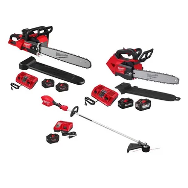 Milwaukee 2827-22-2826-22T-3046-21HD, bundle: M18 FUEL 18V Brushless Cordless 20 in. Dual Battery Chainsaw Kit w/ M18 Top Handle Chainsaw Kit, M18 String Trimmer Kit