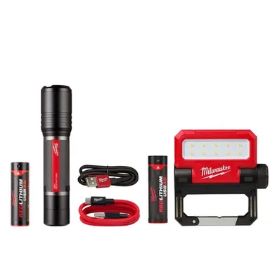 Milwaukee 2162-21-2114-21, bundle: 2,000 Lumens REDLITHIUM USB Slide Focus Flashlight and 550 Lumens LED Rechargeable Pivoting Flood Light