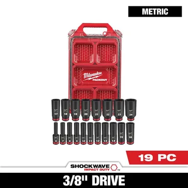 Milwaukee 49-66-6801, accessory: SHOCKWAVE Impact-Duty 3/8 in. Drive Metric Deep Well Impact PACKOUT Socket Set (19-Piece)