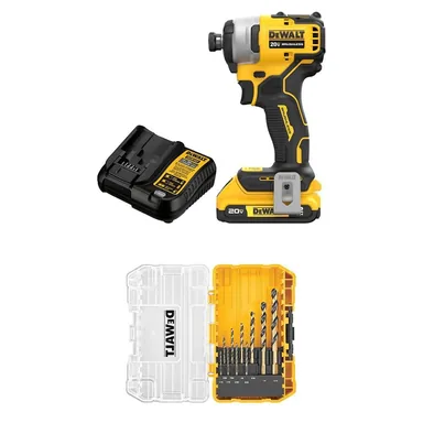 DeWalt DCF809D1WWA1180, bundle: ATOMIC 20V MAX Lithium-Ion Brushless Cordless Compact 1/4 in. Impact Driver Kit & Drill Bit Set w/2Ah Battery & Charger