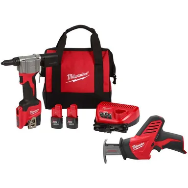 Milwaukee 2550-22-2420-20, bundle: M12 12-Volt Lithium-Ion Cordless Rivet Tool Kit with (2) 1. 5Ah Batteries, Charger & M12 HACKZALL Reciprocating Saw