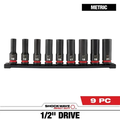 Milwaukee 49-66-7032, accessory: SHOCKWAVE 1/2 in. Drive Metric Deep Well 6 Point Impact Socket Set (9-Piece)