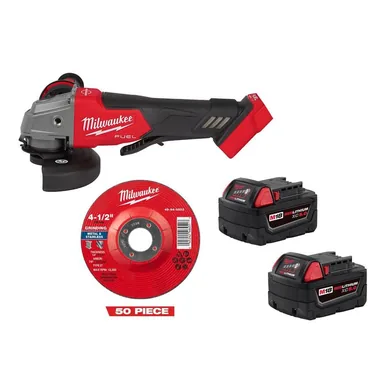 Milwaukee 2880-20-48-11-1852B-49-94-0503-x50, bundle: M18 FUEL 18V Cordless 4-1/2 in. /5 in. Grinder w/ (2) M18 5.0 Ah Batteries w/ 50 4 1/2 in Metal Grinding Wheel Type 27