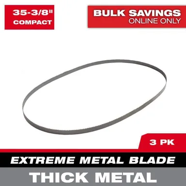 Milwaukee 48-39-0609, accessory: 35-3/8 in. 8/10 TPI Compact Extreme Thick Metal Cutting Band Saw Blade (3-Pack) For M18 FUEL/Corded Compact Bandsaw (photograph from the Home Depot listing)