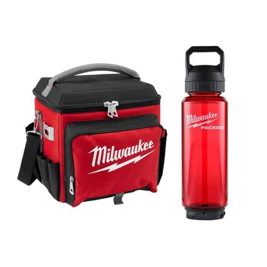 Milwaukee 48-22-8250-48-22-8373R, bundle: 21 qt. Soft Sided Jobsite Lunch Cooler with PACKOUT 48 Oz. Red Plastic Bottle with Chug Lid