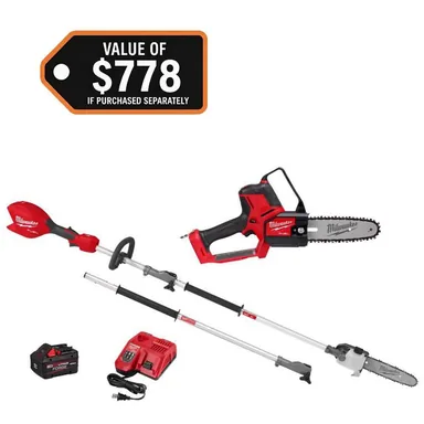 Milwaukee 3004-20-3016-21PS, bundle: M18 FUEL 8 in. 18V Brushless Cordless Battery Mini Chainsaw HATCHET w/ Pole Saw, 8.0 Ah FORGE Battery, Charger
