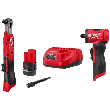 Milwaukee 3054-21-3485-20, bundle: M12 12V Lithium-Ion 1/2 in. Cordless Ratchet Kit with Battery, Charger and Right Angle Die Grinder