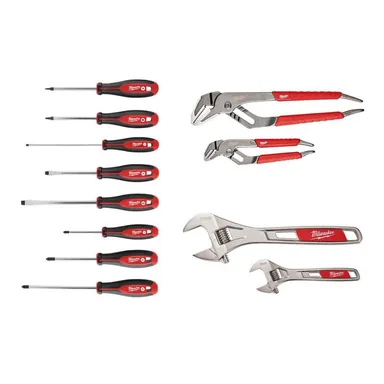 Milwaukee 48-22-2718-48-22-7400-48-22-6330, bundle: Screwdriver Set with 6 in. and 10 in. Adjustable Wrench Set and 6 in. and 10 in. Straight-Jaw Pliers Set (12-Piece)