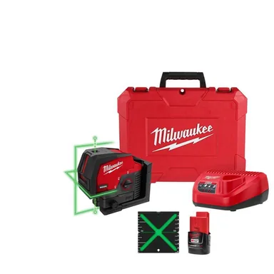 Milwaukee 3622-21, kit: M12 12-Volt Lithium-Ion Cordless Green 125 ft. Cross Line and Plumb Points Laser Level Kit with 3.0 Ah Battery
